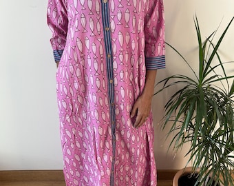 Chinese collar fish cotton kaftan,caftan, resort wear,loungewear,gifts for her,boho dress,a line dress,block print dress