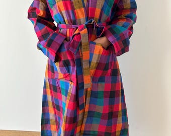Handwoven Cotton Robe: Unisex Plaid Kimono Loungewear