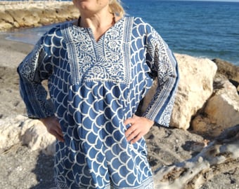 Indigokatoenen tuniek, biologische tuniek, cadeaus voor haar, resortkleding, strandkleding, cadeaus voor haar, moederdagcadeau, moeder kraamcadeau, bohotuniek, zomer