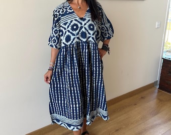 Indigo Block Print Organic Cotton Boho Dress