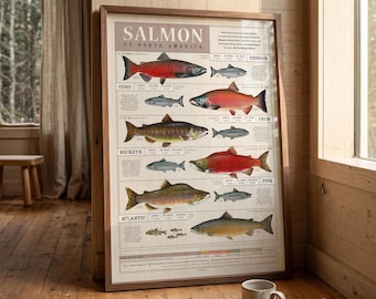 Salmon Art Print, Pacific Northwest Fish Poster, Fishing Gift, Cabin Wall Art