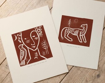 Expressionist Wildlife Prints: Woodcut Nature Designs (Set of 2)
