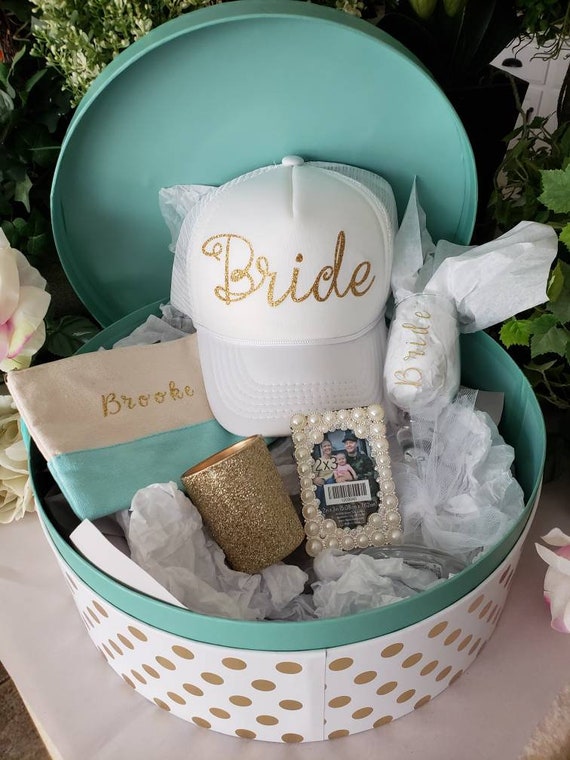 Bride Box Bridal Shower Gift Basket Hat Pearl Frame Champagne Glass Bag