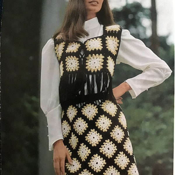 Vintage crochet pattern ladies skirt and waistcoat suit - 4.5mm crochet hook and DK wool . Digital download pattern