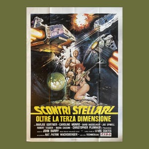May include: Vintage movie poster for "Scontri Stellari Oltre La Terza Dimensione." The poster features a space battle scene with spaceships, planets, and figures holding weapons. The title is in large yellow letters, with the cast listed below.