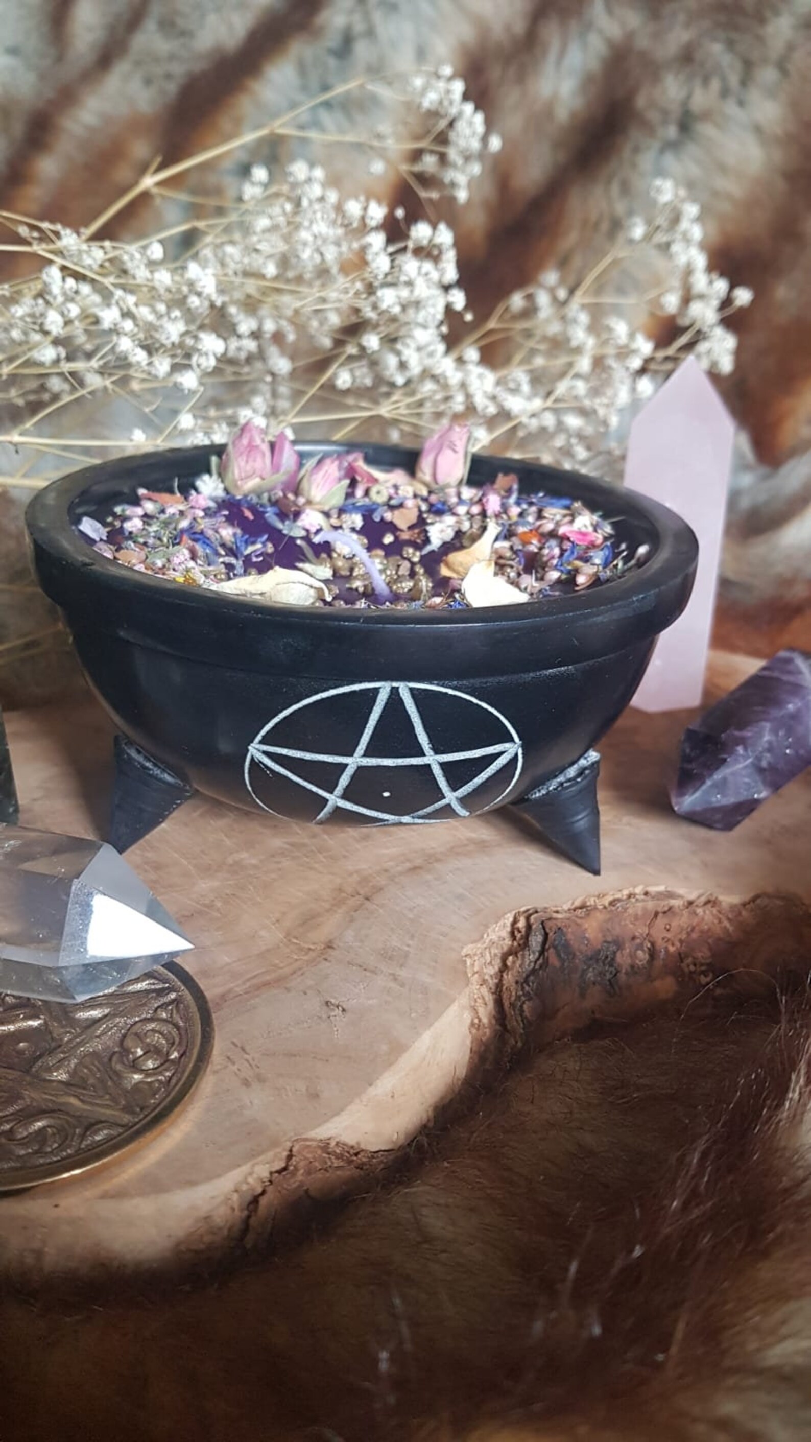 Witchy candle with flowers and crystals in witch's Etsy