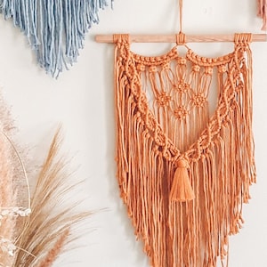 May include: Three macrame wall hangings in shades of blue, peach, and orange. The macrame pieces have intricate knotting patterns and tassels. A vase of dried flowers and pampas grass is in the foreground.