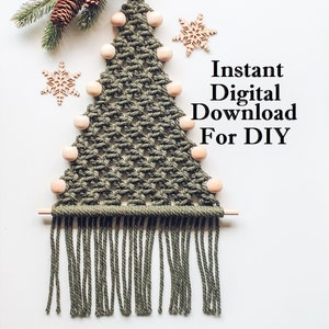 May include: Green macrame Christmas tree wall hanging with wooden beads and fringe. Instant Digital Download For DIY.