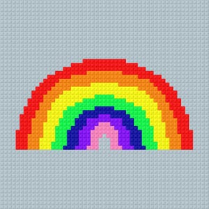 May include: A pixel art style rainbow graphic featuring concentric semi-circular bands of red, orange, yellow, green, blue, indigo, violet, and pink, set against a light gray grid background composed of small square tiles.