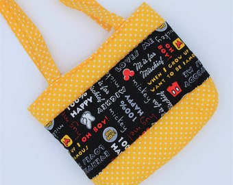 Mickey Mouse Tote Bag, Yellow Polka Dot Shoulder Purse, Handmade Cartoon Fabric Handbag, Disney Theme Kids Gift, Small Cotton Tote