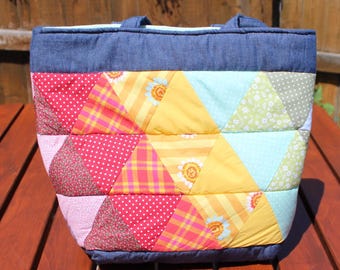 Quilted Patchwork Tote Bag, Rainbow Triangle Shoulder Purse, Colourful Fabric Handbag, Large Market Shopper