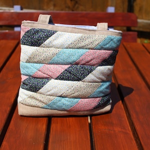 May include: A quilted tote bag featuring a diagonal patchwork pattern of floral fabrics in shades of navy blue, light blue, pink, and cream. The bag has two sturdy top handles and a solid tan base, with a visible light blue interior lining.