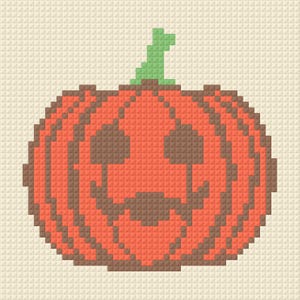 May include: A pixel art style pumpkin design rendered in a cross-stitch pattern. The pumpkin is orange with dark brown shading for the eyes, nose, and mouth, and features a light green stem. The entire design is set against a cream-colored grid.