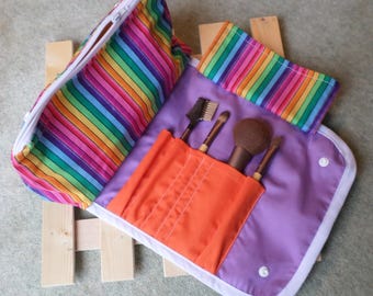 Handmade Rainbow Striped Makeup Bag with Brush Roll, Travel Cosmetic Organizer