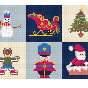 May include: A cross-stitch pattern featuring six holiday icons: a snowman with a red scarf, a red sleigh, a decorated Christmas tree, a gingerbread person, a toy soldier in a blue hat, and Santa Claus emerging from a snow-covered chimney.