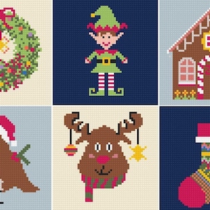 May include: A set of six pixel art cross-stitch patterns featuring a green Christmas wreath, a green elf, a brown gingerbread house, a robin wearing a Santa hat, a brown reindeer with ornaments on its antlers, and a pink patterned Christmas stocking.