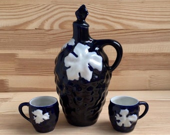 Juego de vino de cerámica azul cobalto vintage con jarra y tazas, jarra de 700 ml, cerámica de la era soviética, decoración retro para bar.