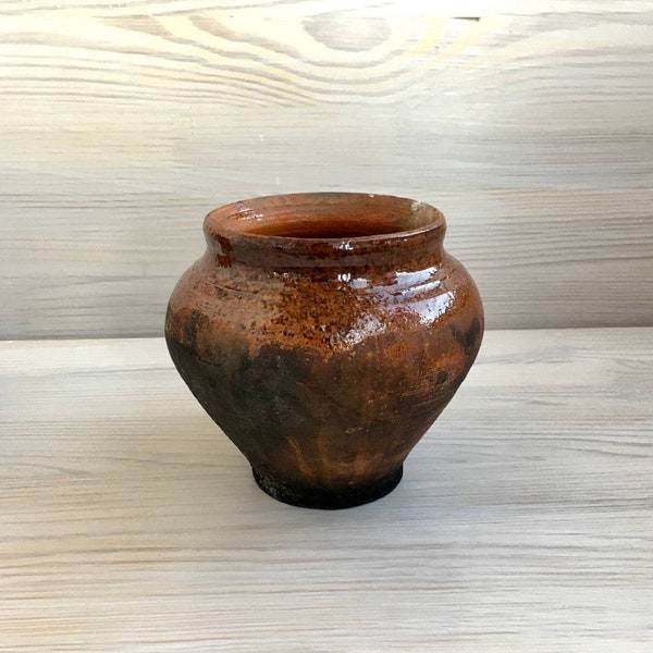Small vintage clay pot for plant Old clay bowl Antique pottery Ancient vase Rustic folk pot Ceramic pitcher Burnt clay jug Ukraine seller