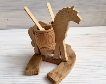Wooden horseshoe horse for kitchen Vintage hodgepodge and pepper shaker on a wood stand Serving for the kitchen Hand carving Ukraine shop