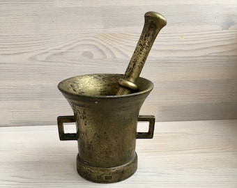 Vintage large brass mortar with pestle and double handles Kitchen decor Rustic Decor Ukraine seller