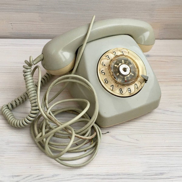 Beige rotary phone Vintage working classic desk phone Old dial european telephone Landline Phone Retro home / office decor Ukraine seller