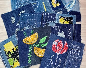 Boho Jeans Patch: Sashiko Embroidered Denim Applique, Floral Feather Embellishment
