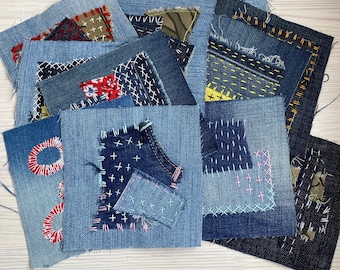 Parche de mezclilla reciclada: Arte textil Boro Sashiko bordado a mano