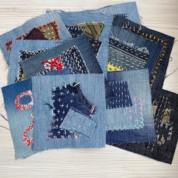Upcycled Denim Patch: Hand-Embroidered Boro Sashiko Textile Art