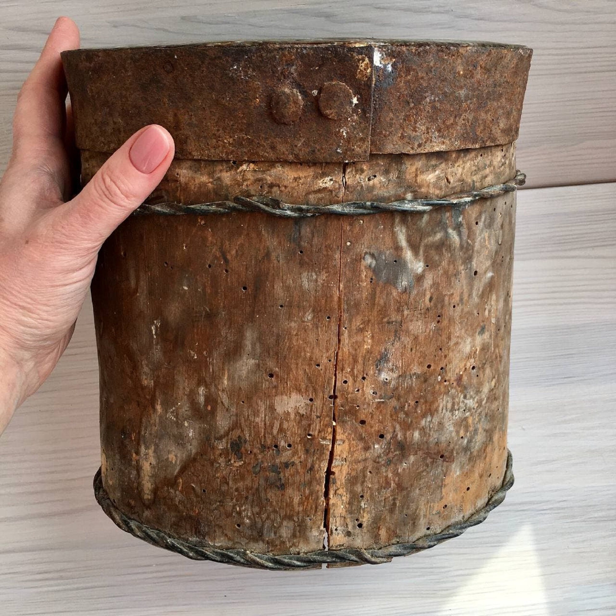 Very Old Wooden Barrel With Lid Antique Primitive Wooden Etsy