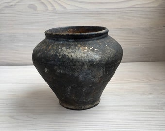 Very old black pottery crock Small vintage pottery Ceramic ancient vase Rustic folk pot Ukrainian pitcher Rural burnt clay jug Ukraine shop