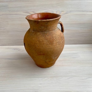 Rustic Antique Clay Pot with Handle, Handmade Ukrainian Terracotta Vessel , Farmhouse Wabi-Sabi Decor