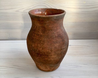 Vintage Rustic Clay Pitcher 20 cm / 8 in, Handmade Earthenware Jug, Primitive Farmhouse Folk Decor