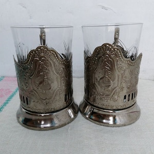 Vintage Soviet Space Cup Holders, Melchior Podstakannik Set, USSR 1976