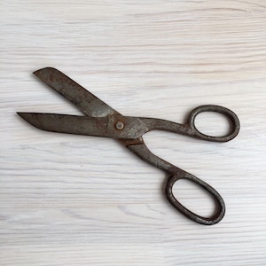 Könnte beinhalten: Eine rostige Metallschere mit einem Holzgriff. Die Schere ist geöffnet und die Klingen sind scharf.