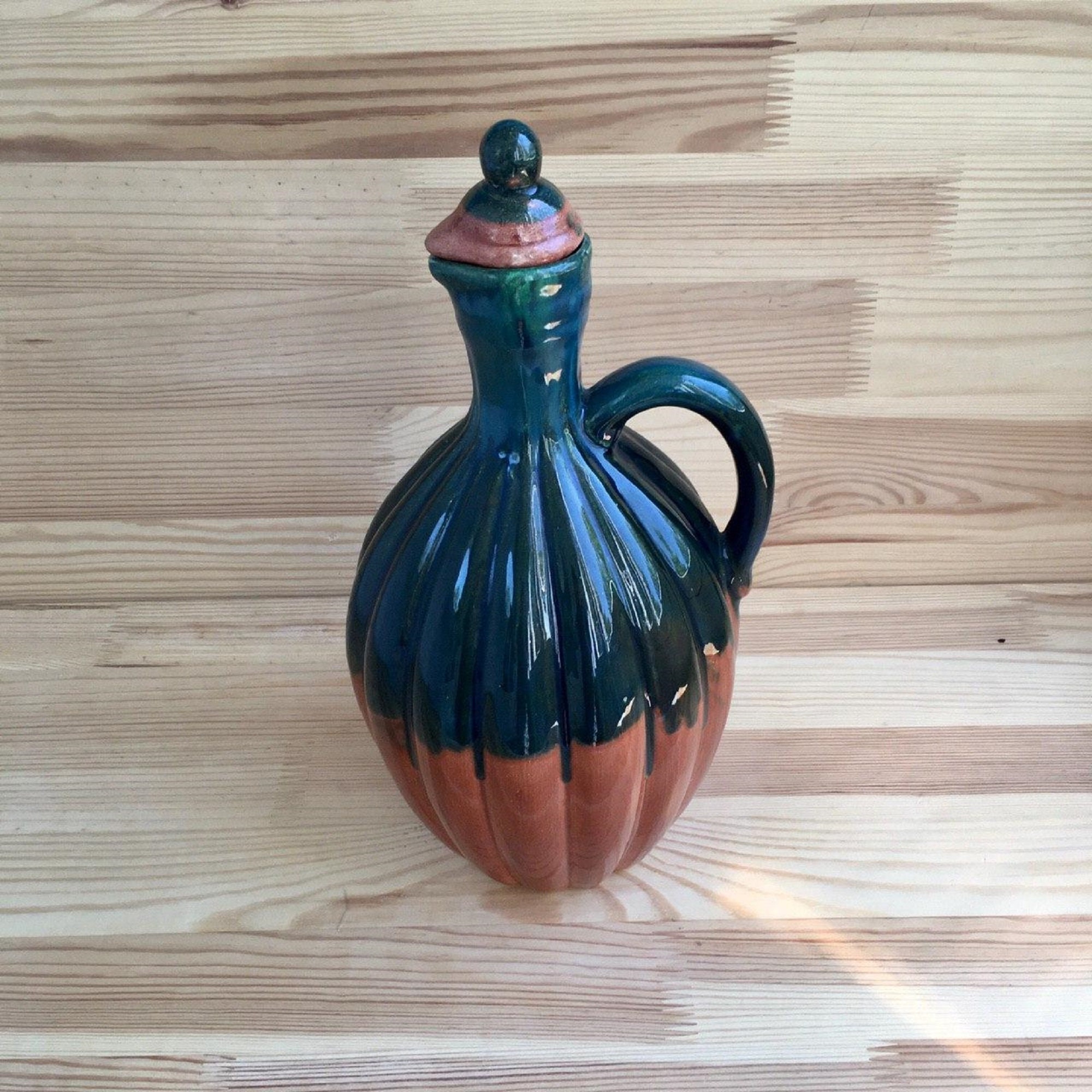 Large green glazed ceramic jug with a lid Vintage clay jug Etsy