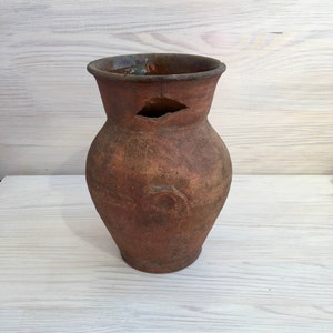 Vintage Clay Jug with Rustic Patina - 8&quot; Tall Handmade Pottery Vessel with Natural Damage - Wabi Sabi Home Decor