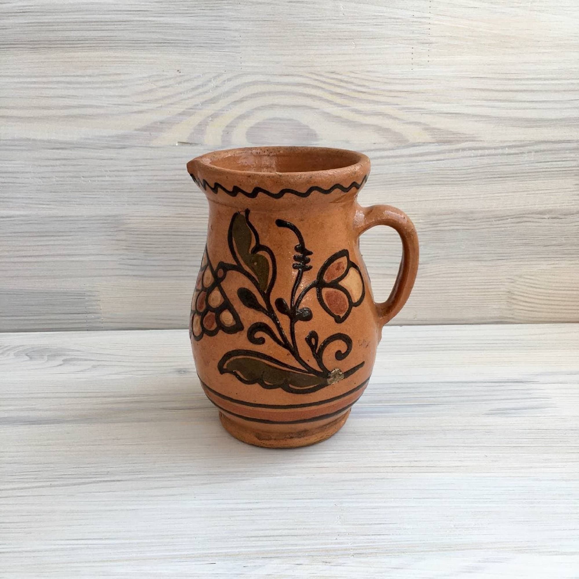Old Glazed Clay Jug | Terracotta Brown Pottery Crock | Rural Ceramic Ancient Vase | Rustic Folk Pot | Ukrainian Ceramic Pitcher