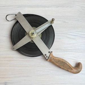 Vintage 50m Steel Measuring Tape – Surveyor Tool with Wooden Handle
