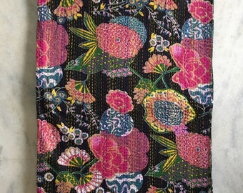 Indian Kantha Bedding Throws Black Quilt Queen Tropicana Handmade Cotton Hand Stitched Gudri Bed Cover Blanket Kantha Bedspread Quilt