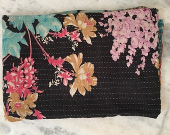 Handmade Vintage Kantha Indian Quilt Kantha Bedding Indian Floral Cotton Recycled Sari Ralli Handstitched Vintage Kantha Quilt