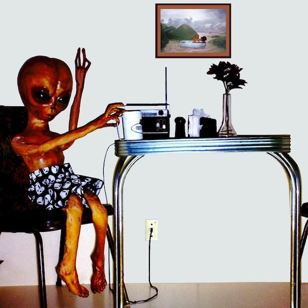 Alien at breakfast drinking coffee in kitchen, "Morning," Roswell, Fun House Warming Gift, Unusual wall art, photo by Wendy Wallach