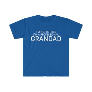 May include: A royal blue t-shirt with white text that reads "I'm not retired I'm a professional Grandad".