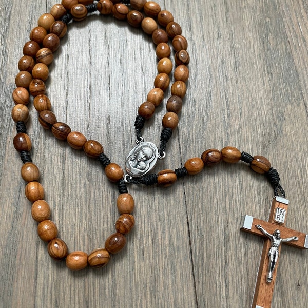 7mm  OVAL Catholic Olive Wood Rosary with Crucifix and Centerpiece with Jerusalem Soil