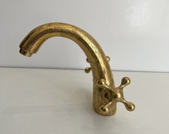 Unlacquered brass faucet with simple cross handles, Beautifully made by Moroccan master craftsmen in Marrakech, this handcrafted brass tap f