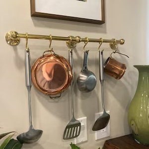 Real Hand crafted Natural Unlacquered Brass Wall Mounted Pot Rack , Brass Kitchen Rail with Hooks Utensils Pot and Pan shelf Rack organi image 1