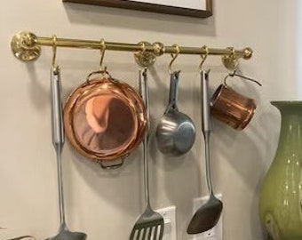 Real Hand crafted Natural Unlacquered Brass Wall Mounted Pot Rack , Brass Kitchen Rail with Hooks Utensils  Pot and Pan shelf Rack organi