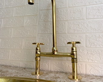 Faucet Antique Unlacquered Brass Bridge Kitchen  With Linear Legs And Handles style 8 Inch