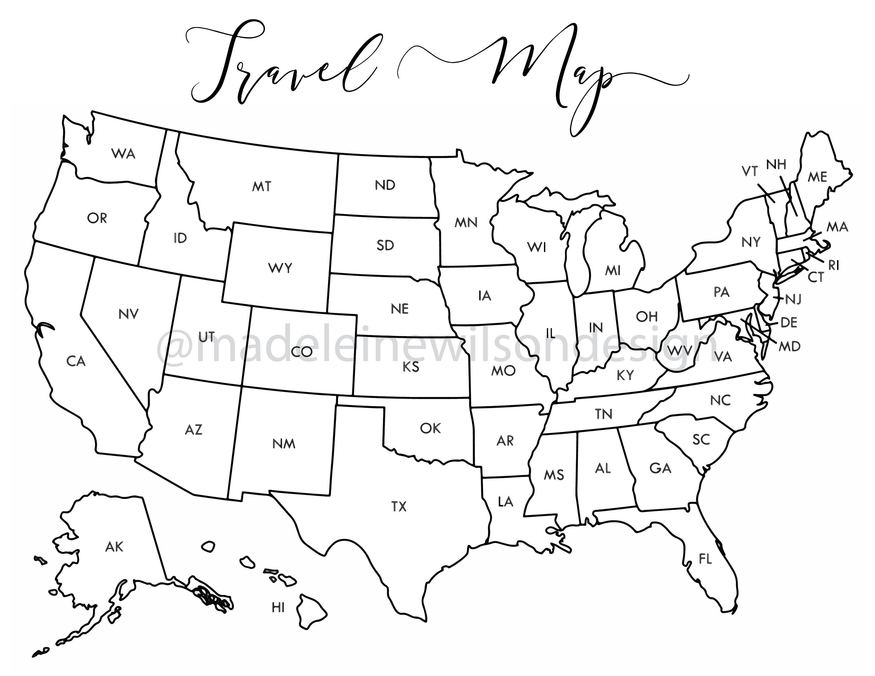 Printable US Travel Map Color in States Map US Outlines Etsy