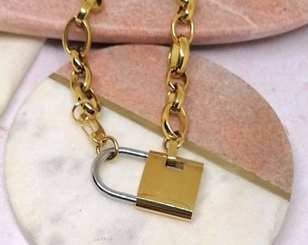 Chunky gold padlock necklace, Statement large link gold necklace, Large Unique Lock necklace jewelry gift for her