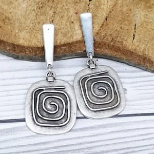 Silver Swirl Square Dangle Earrings: Boho Geometric Jewelry